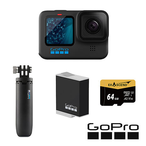 GoPro HERO 11 Black 輕旅自拍套組 (HERO11單機+Shorty迷你延長桿+腳架+Enduro原廠充電電池+64G記憶卡) 公司貨