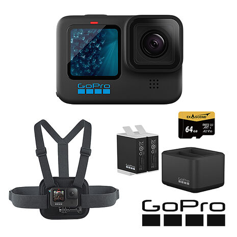 GoPro HERO 11 Black 玩樂續航套組 (HERO11單機+胸前綁帶+Enduro雙座充+雙電池+64G記憶卡) 公司貨