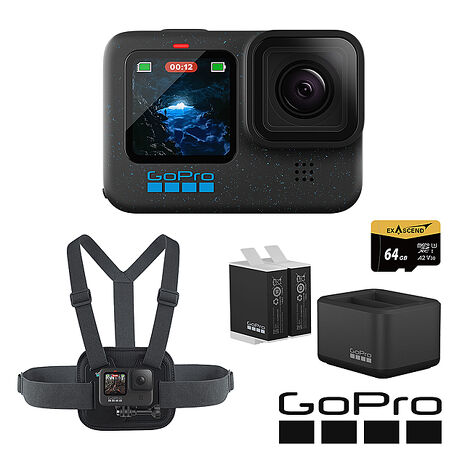 GoPro HERO 12 Black 玩樂續航套組 (HERO12單機+胸前綁帶+Enduro雙座充+雙電池+64G記憶卡) 公司貨