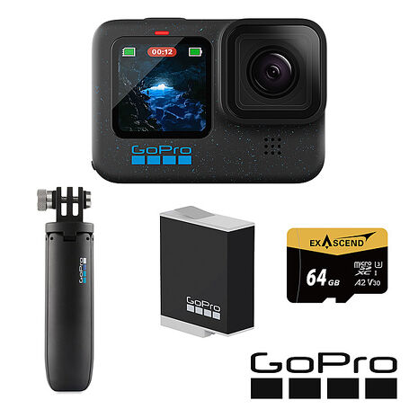 GoPro HERO 12 Black 輕旅自拍套組 (HERO12單機+Shorty迷你延長桿+腳架+Enduro原廠充電電池+64G記憶卡) 公司貨