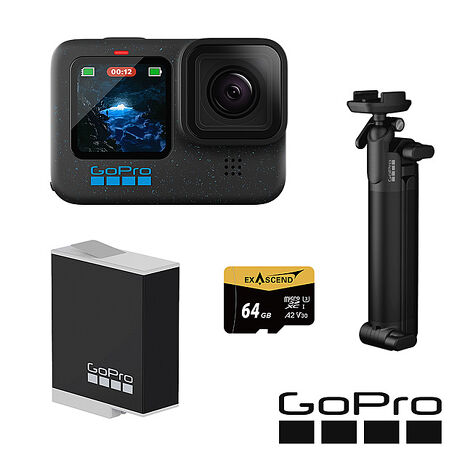 GoPro HERO 12 Black 三向輕裝套組 (HERO12單機+三向多功能自拍桿2.0+Enduro原廠充電電池+64G記憶卡) 公司貨