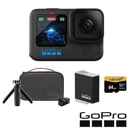 GoPro HERO 12 Black 旅遊輕裝套組 (HERO12單機+旅行套件組+Enduro原廠充電電池+64G記憶卡) 公司貨