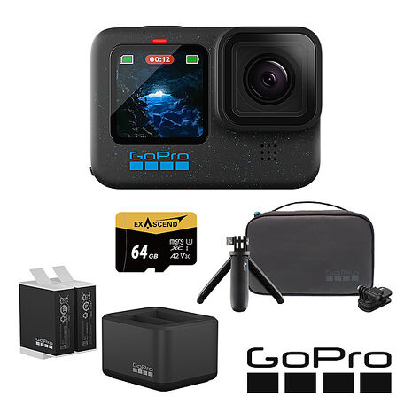 GoPro HERO 12 Black 旅遊必備套組 (HERO12單機+旅行套件組+Enduro雙座充+雙電池+64G記憶卡) 公司貨
