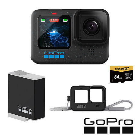 GoPro HERO 12 Black 新手必備套組 (HERO12單機+矽膠套+繫繩+Enduro原廠充電電池+64G記憶卡) 公司貨黑色
