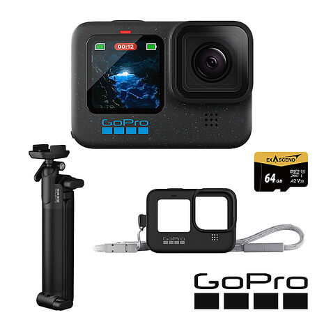 GoPro HERO 12 Black 新手旅拍套組 (HERO12單機+矽膠套+繫繩+三向多功能自拍桿2.0+64G記憶卡) 公司貨藍色