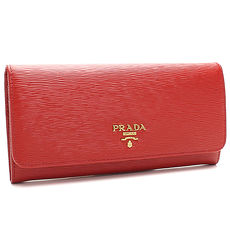PRADA 橫紋防刮小牛皮雙扣長夾 - 紅色