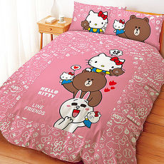 【享夢城堡】雙人床包涼被組-HELLO KITTYxLINE 手偶同樂會系列