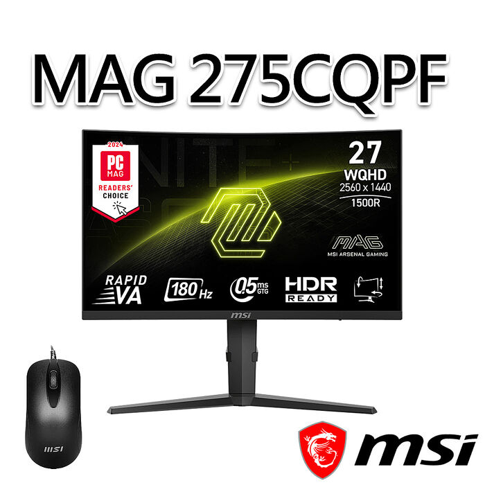 【滑鼠組】msi微星 MAG 275CQPF 27吋 曲面電競螢幕(27"/2560x1440/16:9/180Hz/曲面)