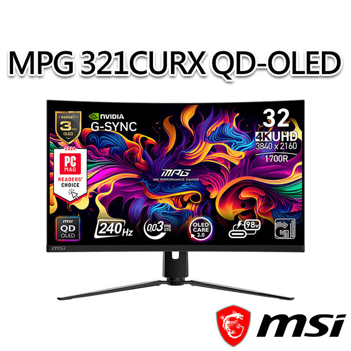 msi微星 MPG 321CURX QD-OLED 31.5吋 曲面電競螢幕(31.5"/3840x2160/16:9/240Hz/曲面)