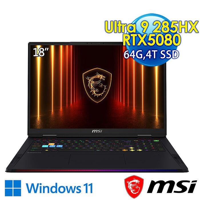 msi微星 Raider 18 HX AI A2XWIG-026TW 18吋 電競筆電(Ultra 9 285HX/64G/4T SSD/RTX5080-16G/Win11)
