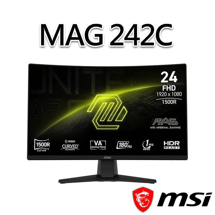 msi微星 MAG 242C 23.6吋 曲面電競螢幕(23.6"/1920x1080/16:9/180Hz/曲面)