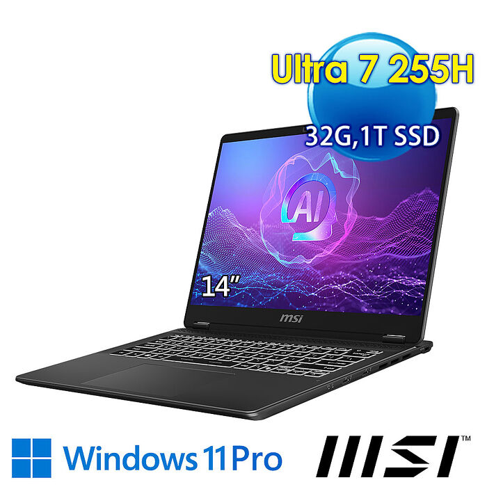 msi微星 Prestige 14 AI Evo C2HMG-089TW 14吋 商務筆電(Ultra 7 255H/32G/1T SSD/Win11Pro/灰)