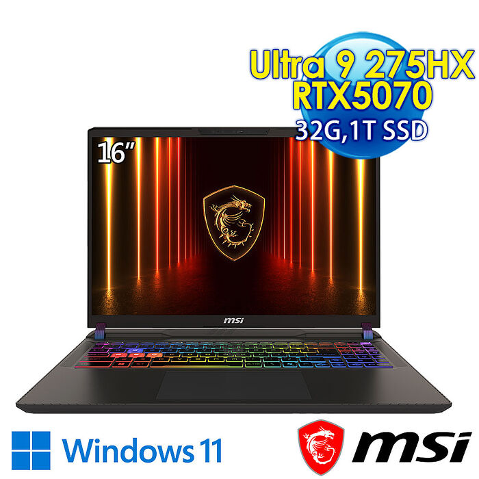 msi微星 Vector 16 HX AI A2XWGG-008TW 16吋 電競筆電(Ultra 9 275HX/32G/1T SSD/RTX5070-8G/Win11)