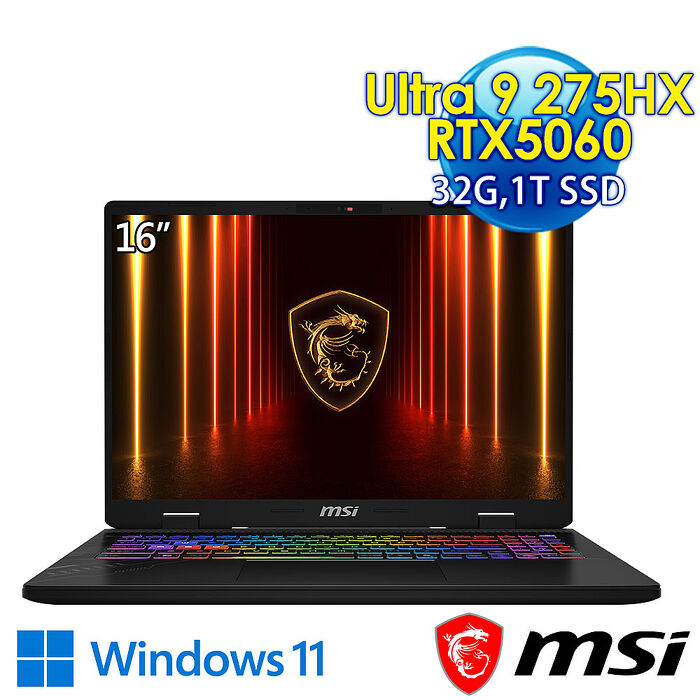 msi微星 Crosshair 16 HX AI D2XWFKG-023TW 16吋 電競筆電(Ultra 9 275HX/32G/1T SSD/RTX5060-8G/Win11)