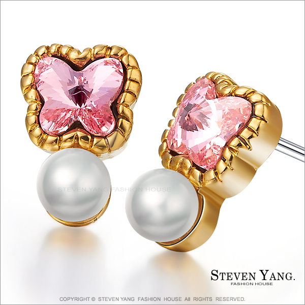 STEVEN YANG【KG600】正白K飾「蝴蝶水晶珍珠」耳針式耳環 採用施華洛世奇水晶 抗過敏*一對價格*(白水晶)
