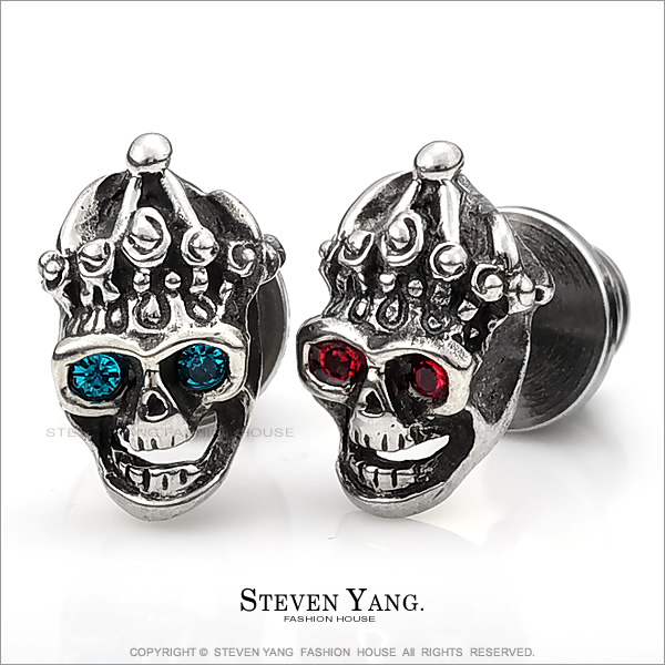STEVEN YANG【KG3014】西德鋼飾「至尊骷髏」栓扣式耳環 個性款 兩面皆可戴 *單邊單個價格*(藍綠)