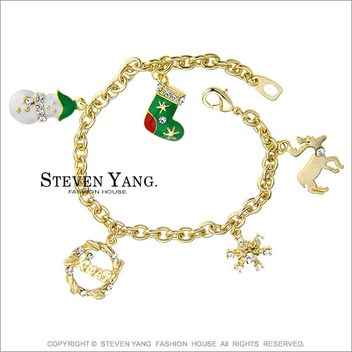 STEVEN YANG【KB182】正白K飾「金色耶誕」手鍊 雪人/聖誕襪/雪花 聖誕約會吸睛必敗