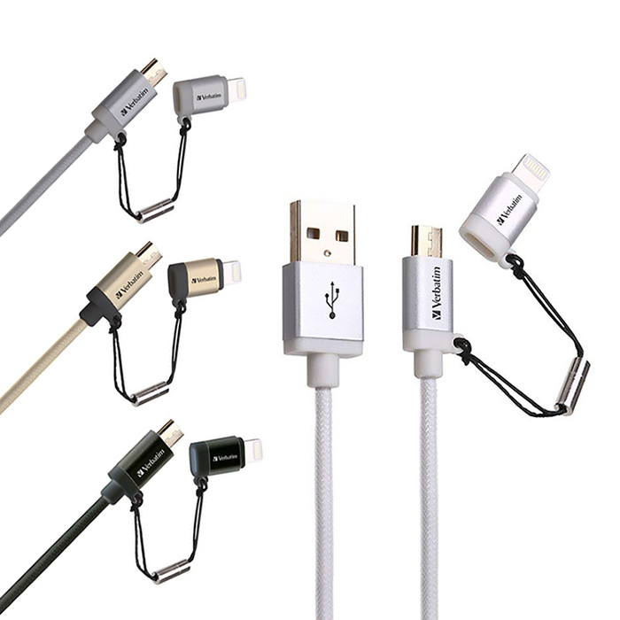 【Verbatim 威寶】micro usb + lightning 充電傳輸線_1.2M灰