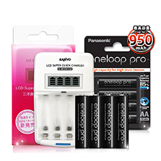 三洋旗艦型充電器+Panasonic e eneloop PRO 950mAh 低自放4號充電電池(黑鑽紙卡款-4顆) ★贈電池盒