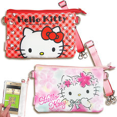 三麗鷗授權正版 Hello Kitty凱蒂貓 觸控手機肩背包(紅格/櫻花) 手拿包 手機袋