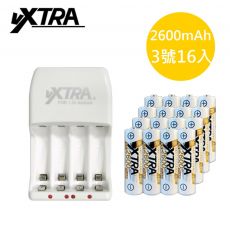 VXTRA 2A急速智能充電器+3號高容量2600mAh低自放充電電池16入