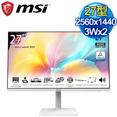 MSI 微星 Modern MD272QXPW 27型 IPS WQHD 100Hz 美型螢幕《白》