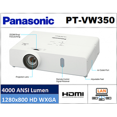 Panasonic PT-VW350 商務寬銀幕投影機,4000 ANSI WXGA,1.6X 光學變焦鏡頭,內置10W揚聲器.