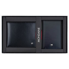 MONDAINE 瑞士國鐵霧黑牛皮8卡短夾+名片夾禮盒