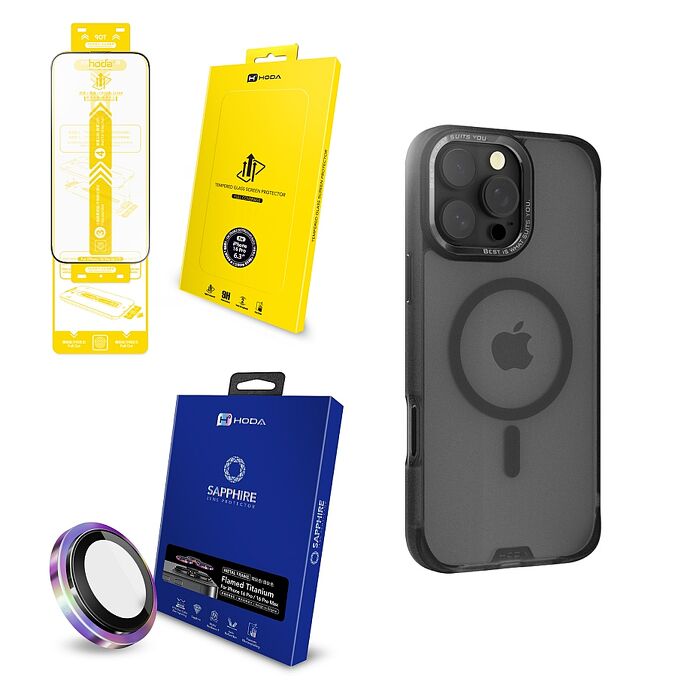 【hoda優惠組】iPhone 16 pro max hoda滿版玻璃保護貼+藍寶石鏡頭保護貼+柔石軍規防摔磁吸保護殼