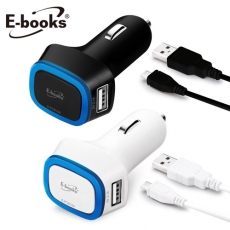 E-books B13 雙孔3.1A USB車用充電傳輸組(活動)黑色