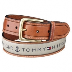 Tommy Hilfiger 2012男時尚織帶鑲嵌棕色皮帶★預購38
