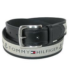 Tommy Hilfiger 2018男時尚灰織帶鑲嵌黑色皮帶★預購38