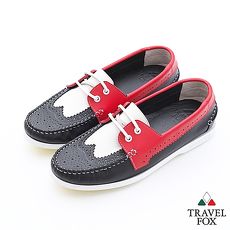 Travel Fox(男)Style英倫情牛津雕花三色牛皮帆船鞋 - 白紅黑