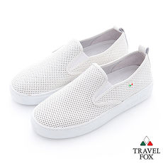 Travel Fox(女) 極簡洞洞牛皮厚底直套懶人休閒鞋 - 白