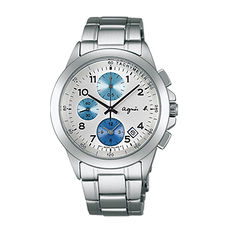 【agnes b. 】蔚藍簡約法式三眼計時腕錶-白x藍圈/39mm(7T92-0LY0L/BF8328P1)