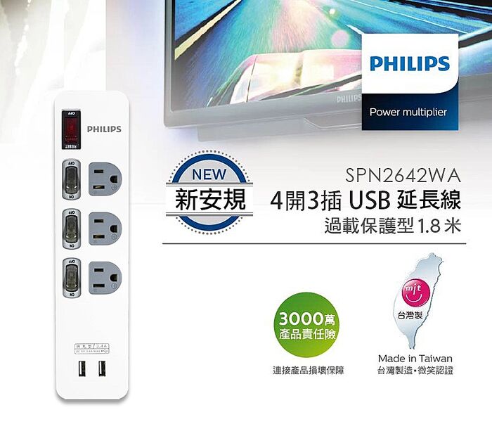 【新安規】 PHILIPS 飛利浦4開3插USB延長線 SPN2642WA/96 (1.8米) 白色（APP搶購）