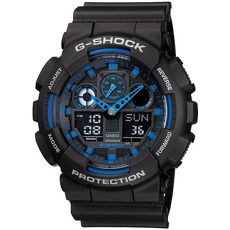 G-SHOCK 重型機械感立體3D錶盤雙顯腕錶-黑x藍(GA-100-1A2)