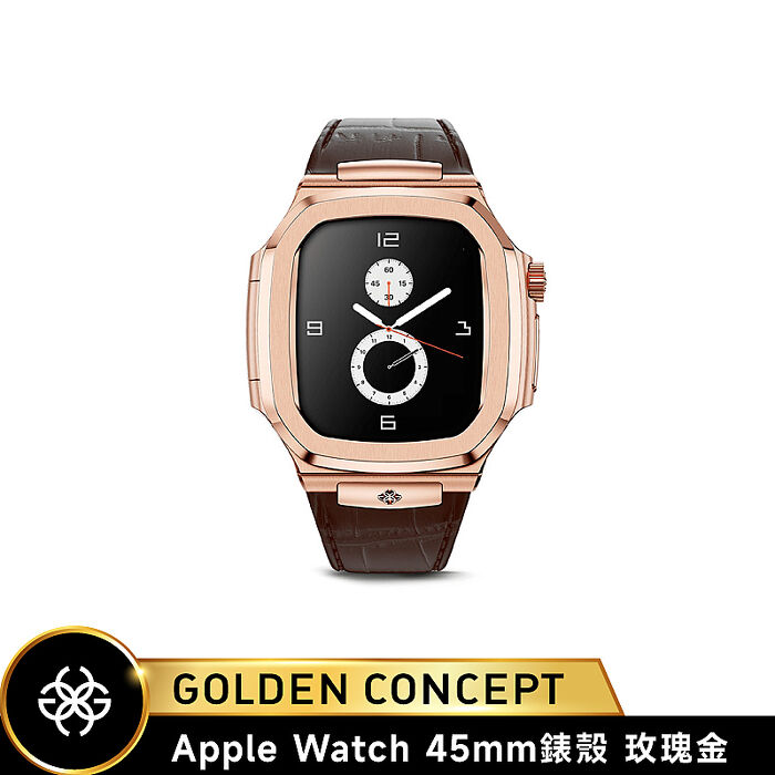 【Golden Concept】Apple Watch 45mm 棕皮革錶帶 玫瑰金錶框 WC-ROL45-RG-BR