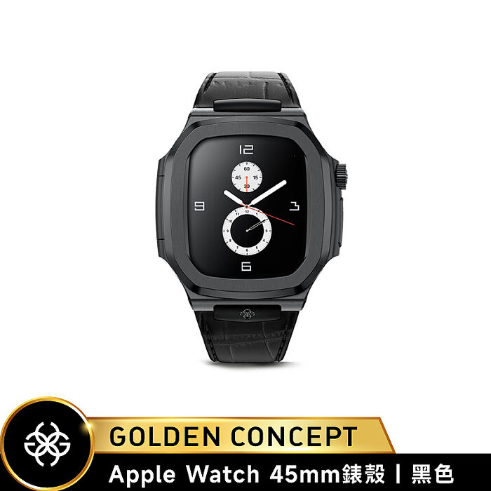 【Golden Concept】Apple Watch 45mm 黑皮革錶帶 黑錶框 WC-ROL45-BK-BK