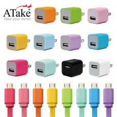 ATake - AC電源轉USB電源轉接頭+Micro 5Pin 傳輸線 (扁線1米) 粉