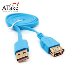 【ATake】USB 2.0 A公-A母鍍金頭 扁線3米(藍) AUK-FLAMAF03-BL