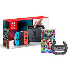 任天堂Switch主機+瑪利歐賽車 8全配組 【硬殼收納包+主機立架+玻璃保護貼+手把果凍套類比組】《再贈:賽車手把方向盤》
