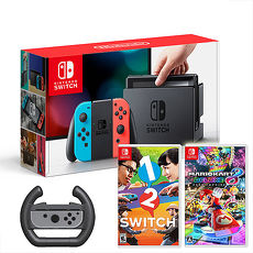 任天堂Switch主機+瑪利歐賽車8 豪華版+1-2-Switch《贈:賽車手把方向盤+玻璃保護貼》