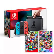 任天堂Switch主機+超級瑪利歐 奧德賽+瑪利歐賽車8 《硬殼收納包+保護貼》