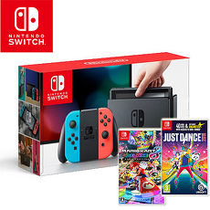 任天堂Switch主機+瑪利歐賽車8+Just Dance 舞力全開 2018 超值雙片組【硬殼收納包+主機立架+玻璃保護貼】