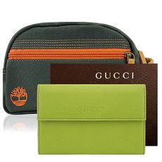 GUCCI 青綠色真皮壓紋壓釦中夾+Timberland 綠色帆布化妝包/手抓包-大型(特賣)