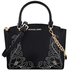 MICHAEL KORS Ellis 花朵鉚釘牛皮鍊帶手提/斜背兩用包-黑色