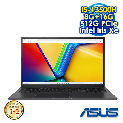 【記憶體升級特仕版】ASUS Vivobook 17X K3704VA-0042K13500H 搖滾黑 17.3吋筆電 (FHD IPS/Intel i5-13500H/8G+16G DDR4/512G PCIE SSD/WIN 11)