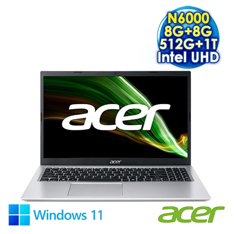 【全面升級特仕版】ACER Aspire 3 A315-35-P4CG 銀 15.6吋筆電 (FHD/Intel N6000/8G+8G DDR4/512G PCIE SSD+1T HDD/WIN 11)