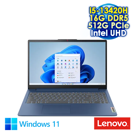 Lenovo IdeaPad Slim 3 15.6吋筆電 (FHD IPS/Intel i5-13420H/16G DDR5/512G PCIE SSD/WIN 11)蒼青藍